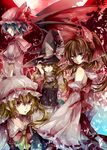  bad_id bad_pixiv_id bare_shoulders bat_wings brown_hair closed_eyes detached_sleeves expressionless flandre_scarlet hair_tubes hakurei_reimu hat holding kirisame_marisa long_hair long_sleeves looking_at_viewer mob_cap multiple_girls ofuda profile red_eyes remilia_scarlet shaded_face silver_hair touhou tsukioka_tsukiho vampire wings witch_hat 