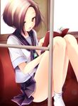  black_hair blush bob_cut book brown_eyes digital_media_player earbuds earphones highres itaya_saaya kobayakawa_rinko legs_up love_plus school_uniform serafuku short_hair sitting skirt smile socks solo 