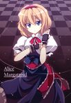  alice_margatroid blonde_hair blue_eyes character_name checkered fingerless_gloves gloves hairband highres puppet_rings solo touhou touya_(the-moon) 