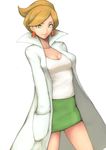  absurdres araragi_(pokemon) breasts brown_hair cleavage earrings green_eyes hand_in_pocket highres jewelry labcoat medium_breasts pencil_skirt pokemon pokemon_(game) pokemon_bw popped_collar short_hair simple_background skirt smile solo suzuki_(pixiv1277943) white_background 