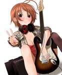  amplifier bad_id bad_pixiv_id between_legs black_legwear blush breasts brown_hair guitar headphones headphones_around_neck instrument kinugasa_yuuichi legs_up multicolored multicolored_eyes nail_polish original pink_nails plaid short_hair simple_background single_thighhigh sitting sleeves_rolled_up small_breasts smile solo speaker thighhighs v 