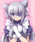  animal_ears blush cat_ears eyepatch frills gloves long_hair maid original purple_eyes silver_hair solo tray yosugara_shou 