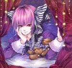  bed bed_sheet bow chin_rest closed_mouth curtains frills hair_ribbon highres lace looking_at_viewer lying on_bed original purple_eyes purple_hair ribbon smile smirk solo star striped stuffed_animal stuffed_toy teddy_bear upper_body yukimichi_(nieko) 
