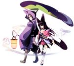  1girl animal_ears black_eyes black_hair breasts cleavage dragonmaterial highres holding holding_lantern holding_leaf hood hood_up japanese_clothes lantern leaf leaf_umbrella medium_breasts one_eye_closed original rain sandals shared_umbrella thighhighs umbrella white_legwear 