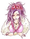  bad_id bad_pixiv_id black_hair blue_eyes bracelet breasts cleavage deborah dragon_quest dragon_quest_v feather_boa flower hair_flower hair_ornament jewelry large_breasts long_hair maroxxtanaka mole mole_under_eye necklace rose smile solo 