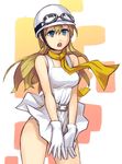  :o bangs belt blonde_hair blue_eyes blunt_bangs buckle covering covering_crotch dress dress_lift dress_tug gloves goggles goggles_on_head helmet long_hair oh!_mouretsu open_mouth parody scarf simple_background skirt solo thighs white_background white_gloves white_skirt wind wind_lift yuuji_(and) 