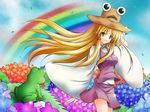  blonde_hair blush breasts facial_hair flower frog hand_in_hair hydrangea long_hair medium_breasts moriya_suwako mustache older osashin_(osada) pyonta rainbow smile solo touhou wide_sleeves yellow_eyes 