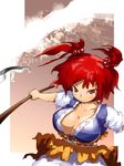  breasts cleavage hair_bobbles hair_ornament highres large_breasts onozuka_komachi red_eyes red_hair scythe short_hair solo touhou two_side_up yashima_yuuta 