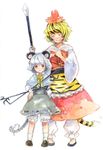  animal_ears bishamonten's_spear blonde_hair dowsing_rod gogo/tad grey_hair hair_ornament jewelry kemonomimi_mode mouse mouse_ears mouse_tail multiple_girls nazrin pendant polearm short_hair smile spear tail tiger_tail toramaru_shou touhou traditional_media watercolor_(medium) weapon 