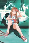  absurdres artist_request car endou_lorna ex-driver gloves ground_vehicle highres lotus_(brand) lotus_europa motor_vehicle no_socks shoes sneakers solo wrench 