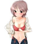  bad_id bad_pixiv_id belt black_eyes blush bow bow_panties breasts buckle cleavage cowboy_shot denim hand_on_hip head_tilt jeans kinugasa_yuuichi light_brown_hair midriff navel original panties pants shirt shirt_pull simple_background small_breasts solo strapless tubetop unbuckled_belt unbuttoned underwear white_background 