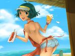  akizuki_ryou alcohol apron back bad_id bad_pixiv_id bare_back beach beer butt_crack day denim denim_shorts food green_eyes green_hair idolmaster idolmaster_dearly_stars male_focus mojamoja nearly_naked_apron open_mouth otoko_no_ko sandals sausage short_shorts shorts smile solo visor_cap 