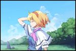  alice_margatroid blonde_hair border capelet closed_eyes day hand_in_hair meadow outdoors rock senji_(tegone_spike) short_hair smile solo touhou white_capelet 