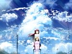  air blonde_hair brown_hair closed_eyes cloud day highres kamio_haruko kamio_misuzu multiple_girls power_lines sky skyt2 smile wheelchair 