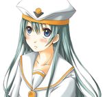  alice_carroll aria beret blue_eyes blush breasts green_hair hat long_hair orange_planet_uniform small_breasts solo uniform yuuna_katsumi 