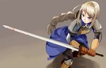  agrias_oaks armor blonde_hair blood blue_eyes blush boots braid final_fantasy final_fantasy_tactics gloves highres knight long_hair shigen single_braid solo sword weapon 