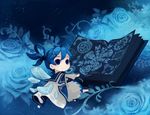  blue blue_dress blue_eyes blue_flower blue_hair blue_rose blue_wings blush book book_focus child dress flower full_body grimoire hair_bobbles hair_ornament hairclip haruno ice ice_wings long_sleeves minigirl no_nose original robe rose smile solo tareme twintails wings 
