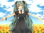  aqua_hair cloud day flower gallows_bell_(vocaloid) hatsune_miku long_hair sky smile solo twintails very_long_hair vocaloid yuzuki_karu 