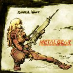  boots breasts cleavage gloves gun hair_over_eyes jacket kenneth_loh medium_breasts metal_gear_(series) metal_gear_solid monochrome open_clothes open_jacket rifle sniper_rifle sniper_wolf solo squatting weapon 