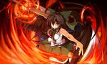  adapted_costume alternate_weapon arm_cannon bare_shoulders black_hair bow breasts brown_eyes eyes fire hair_bow large_breasts long_hair nasudora reiuji_utsuho sleeveless solo touhou weapon wings 