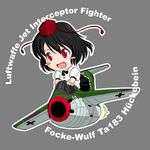  aircraft airplane black_hair blush_stickers chibi commentary hat iron_cross jet looking_away open_mouth sakurato_tsuguhi shameimaru_aya short_hair smile solo ta_183 tokin_hat touhou 