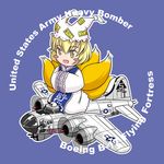  aircraft airplane animal_ears b-17_flying_fortress blonde_hair blush_stickers bomber chibi fox_ears fox_tail hands_in_opposite_sleeves hat lowres military military_vehicle multiple_tails sakurato_tsuguhi sitting solo tail touhou world_war_ii yakumo_ran yellow_eyes 