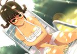  akizuki_ritsuko antenna_hair bakushiishi_at bare_shoulders between_thighs bikini braid breast_hold breasts brown_eyes brown_hair chair cleavage dappled_sunlight dutch_angle frilled_swimsuit frills glasses halterneck idolmaster idolmaster_(classic) large_breasts lens_flare lounge_chair red-framed_eyewear sarong sitting solo sunlight swimsuit twin_braids white_sarong 