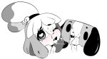  &lt;3 &lt;3_eyes animal_crossing anthro bell blush canine cum cum_on_face dog duo eyelashes female hairband hearlesssoul hi_res isabelle_(animal_crossing) looking_at_viewer mammal nintendo nintendo_switch one_eye_closed saliva saliva_string simple_background switch_dog teeth tongue tongue_out video_games white_background 