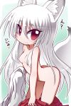  1girl animal_ears ass blush breasts clothes_removed embarrassed fang female fox_ears fox_girl fox_tail hakama ikkyuu japanese_clothes kimono leaning_forward long_hair looking_at_viewer miko nipples original red_eyes red_hakama solo standing tail undressing white_hair 