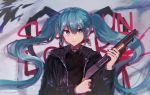  &gt;:( against_wall alternate_costume black_jacket black_shirt blue_eyes closed_mouth clothes_writing commentary_request danjou_sora earrings eyebrows_visible_through_hair graffiti gun hair_between_eyes hatsune_miku holding holding_gun holding_weapon hoop_earrings jacket jewelry long_hair long_sleeves nail_polish open_clothes open_jacket pink_nails shirt shotgun sidelocks solo twintails unzipped v-shaped_eyebrows very_long_hair vocaloid weapon 