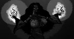  2014 armlet big_breasts black_hair breasts clothing crown female glowing glowing_eyes glowing_hands greyscale hair huge_breasts humanoid lich long_hair midriff monochrome nipple_bulge not_furry raggedy_clothing solo tattoo thirty torn_clothing undead 
