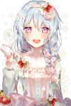  :d alternate_hairstyle bang_dream! bangs blue_dress blue_hair blush bow braid clenched_hand dress earrings eyebrows_visible_through_hair floral_background floral_print flower flower_earrings food food_themed_hair_ornament frills fruit gloves hair_flower hair_ornament hair_over_shoulder hair_ribbon hairband hand_up highres jewelry lace_trim long_hair long_sleeves looking_at_viewer matsubara_kanon open_mouth pink_ribbon print_dress purple_eyes ribbon round_teeth single_braid smile solo strawberry strawberry_hair_ornament taya_5323203 teeth upper_body upper_teeth white_flower white_gloves 