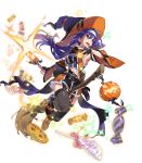  ankle_boots armpits bangs belt belt_pouch black_gloves black_legwear blue_hair boots broom broom_riding candy chain dress eyebrows_visible_through_hair fingerless_gloves fingernails fire_emblem fire_emblem:_souen_no_kiseki fire_emblem_heroes food full_body garter_straps gloves green_eyes hairband hat highres holding holding_umbrella jack-o'-lantern lollipop long_hair looking_away navel_cutout official_art open_mouth pouch smile solo sparkle teeth transparent_background umbrella wayu_(fire_emblem) witch_hat yoneyama_mai 