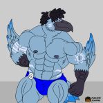  2015 5_fingers abs anthro arm_markings avian beak biceps biped bird black_beak black_hair blue_bottomwear blue_clothing blue_feathers blue_tail body_builder bulge butt_from_front cheek_tuft chest_tuft clothed clothing digital_drawing_(artwork) digital_media_(artwork) dreadlocks facial_markings feather_tuft feathers fist front_view furgonomics grey_background grey_nipples hair hairband half-length_portrait hand_behind_back huge_muscles humanoid_hands looking_away male markings maxime-jeanne muscular muscular_male muscular_thighs navel neck_muscles nipples pecs pin_button portrait pose purple_eyes quads shoebill short_hair simple_background smile solo standing tail_button_bottoms tail_clothing tail_feathers thong topless tribal_markings triceps tuft white_markings 