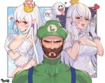  1girl absurdres beard blue_overalls boo breasts brown_hair butt_crack caucasian choney cleavage collar commentary_request covered_navel covering_face crown dual_persona embarrassed facial_hair frilled_collar frills gloves green_hat green_shirt half-closed_eyes hat highres large_breasts looking_at_viewer luigi luigi's_mansion mario_(series) mini_crown muscle mustache new_super_mario_bros._u_deluxe no_pants non-asian open_mouth outside_border overalls pointy_ears princess princess_king_boo realistic red_eyes serious sharp_teeth shirt single_letter super_crown super_mario_bros. teeth tilted_headwear white_gloves white_hair 