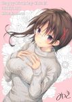  birthday blush breasts brown_eyes brown_hair floral_background flower glasses hagino_chiaki highres hinako_note large_breasts looking_at_viewer march-bunny orange_background smile solo sweater 