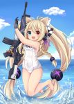 1girl animal_ears bare_arms bare_shoulders black_gloves blonde_hair blue_eyes blue_sky blush braid breasts cat_ears character_name cloud cloudy_sky covered_navel eyebrows_visible_through_hair g41_(girls_frontline) girls_frontline gloves gun h&amp;k_g41 heterochromia holding holding_gun holding_weapon jumping long_hair norikoseal one-piece_swimsuit open_mouth red_eyes sky small_breasts swimsuit very_long_hair weapon white_swimsuit 