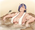  airisubaka artist_name bathing blue_hair breasts closed_eyes earrings elf-san_wa_yaserarenai. fang gradient gradient_background hair_over_one_eye highres jewelry large_breasts muscle muscular_female oga-san oni oni_horns onsen pointy_ears short_hair signature smile solo steam tan_background towel towel_around_neck white_towel 
