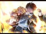  1girl bangs black_coat black_hair blonde_hair blood blood_on_face closed_eyes fire fullmetal_alchemist gloves holding long_hair long_sleeves military military_uniform open_mouth riza_hawkeye roy_mustang shirt standing ufkqz uniform white_gloves 