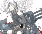  abyssal_crane_hime angry clutching_chest cowboy_shot detached_sleeves earrings gloves horns japanese_clothes jewelry kantai_collection long_hair looking_away ninimo_nimo orange_eyes pale_skin shinkaisei-kan solo white_hair 