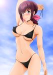  arm_behind_head arm_up armpits ass_visible_through_thighs bangs bikini black_bikini blue_sky blush breasts brown_eyes brown_hair closed_mouth cloud cloudy_sky covered_nipples cowboy_shot day hair_ribbon highres hoshizora_ikuyo jewelry lens_flare long_hair looking_at_viewer medium_breasts nanashi_noiji navel necklace outdoors pink_ribbon ponytail precure ribbon sky smile smile_precure! solo standing string_panties swimsuit untied untied_bikini untying 