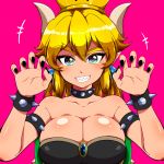  bare_shoulders black_nails blonde_hair blue_earrings blue_eyes blue_plan bowsette bracelet breasts claw_pose cleavage clenched_teeth collar collarbone commentary_request crown earrings eyebrows eyebrows_visible_through_hair highres horns jewelry large_breasts looking_at_viewer mario_(series) nail_polish new_super_mario_bros._u_deluxe pink_background ponytail sharp_teeth short_hair simple_background smile solo spiked_armlet spiked_bracelet spiked_collar spikes super_crown teeth 