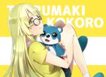  1girl :3 :d :q alternate_color bang_dream! bangs blonde_hair blue_footwear character_doll character_name eyebrows_visible_through_hair glasses harusawa knees_up long_hair looking_at_viewer michelle_(bang_dream!) open_mouth round_eyewear shirt short_sleeves sitting smile solo stuffed_animal stuffed_toy t-shirt teddy_bear tongue tongue_out tsurumaki_kokoro yellow_eyes yellow_shirt 