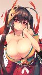  absurdres ahoge azur_lane bangs bare_shoulders black_hair breasts cleavage collarbone commentary crossed_bangs english_commentary eyebrows_visible_through_hair eyes_visible_through_hair hair_between_eyes hand_on_own_cheek highres huge_breasts japanese_clothes kimono long_hair looking_at_viewer mask mask_on_head parted_lips red_eyes red_kimono smile solo sub-res taihou_(azur_lane) twintails very_long_hair wide_sleeves 