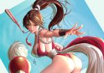  breasts brown_eyes closed_fan fan fatal_fury folding_fan high_ponytail japanese_clothes large_breasts mouth_hold ninja ponytail revealing_clothes shiranui_mai sideboob snk the_king_of_fighters thong yamahara 