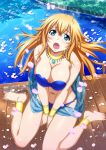  1girl antenna_hair artist_request barefoot blonde_hair blue_eyes blush breasts cleavage fang feet ikkitousen jewelry large_breasts long_hair looking_at_viewer navel necklace open_mouth sitting solo sonsaku_hakufu swimsuit tagme 
