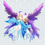  angel_wings blonde_hair blue_kimono breasts collarbone floral_print hair_ornament hair_over_shoulder highres japanese_clothes kimono large_breasts looking_at_viewer lucifer_(monster_strike) monster_strike multiple_wings pink_eyes purple_wings sitting solo wide_sleeves wings xguw7335 