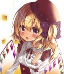  adapted_costume alternate_headwear bangs beret blonde_hair blush bow brown_background brown_bow center_frills collared_shirt commentary_request crystal eyebrows_visible_through_hair fang flandre_scarlet frilled_shirt_collar frills ginkgo ginkgo_leaf gradient gradient_background hair_between_eyes hair_bow hand_up hat highres honoka_chiffon long_hair long_sleeves neck_ribbon one_side_up open_mouth red_bow red_eyes red_hat red_ribbon ribbon shirt solo tilted_headwear touhou underbust upper_body white_background white_shirt wide_sleeves wings 