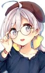  :d absurdres adjusting_eyewear alternate_costume arm_up beret bespectacled black_shirt blue_eyes blush bow brown_hat casual commentary_request eyebrows_visible_through_hair furuderi_mayono glasses grey_hair hair_between_eyes hair_bow hat head_tilt highres kantai_collection kiyoshimo_(kantai_collection) long_sleeves looking_at_viewer open_mouth purple-framed_eyewear round_eyewear round_teeth shirt simple_background smile solo teeth upper_body upper_teeth white_background wristband yellow_bow 