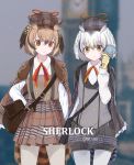  alternate_costume bag bird_tail bird_wings brown_hair cabbie_hat cloak collared_shirt commentary cowboy_shot dnsdltkfkd eurasian_eagle_owl_(kemono_friends) eyebrows_visible_through_hair grey_hair hat head_wings highres kemono_friends kemono_friends_festival long_sleeves magnifying_glass multicolored_hair multiple_girls neck_ribbon northern_white-faced_owl_(kemono_friends) owl_ears pantyhose plaid plaid_shorts plaid_skirt pleated_skirt puffy_shorts ribbon satchel shirt short_hair shorts skirt white_hair wings 